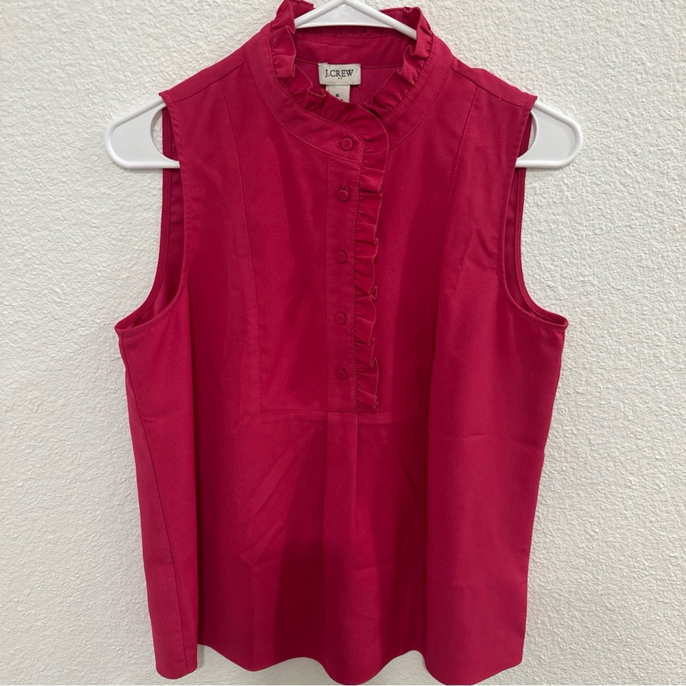 J. Crew Red Sleeveless Ruffled Blouse with Mandarin Collar